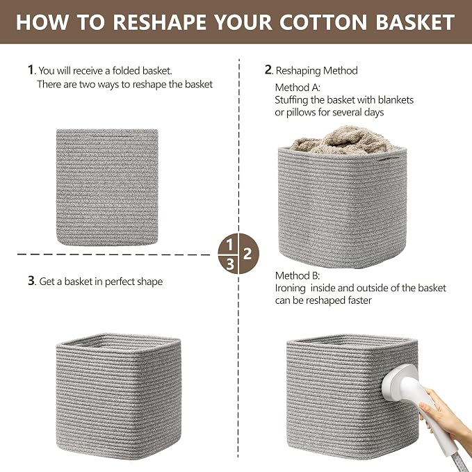 joybest 11inch Cube Storage Bins, Cotton Rope Woven Organizer Basket | Set of 4 Cube Bin Square Shelves Organizer Closet Storage, Nursery, Toy Organization, Grey