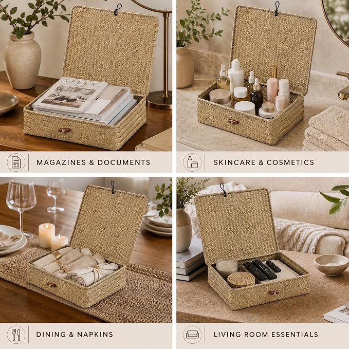 YANGQIHOME Set of 2 Seagrass Baskets with Lids, Rectangular Woven Storage Baskets, Natural Wicker Basket Boxes for Coffee Table, Shelf, Bathroom Counter & Closet Decor (Natural, Set of 2)