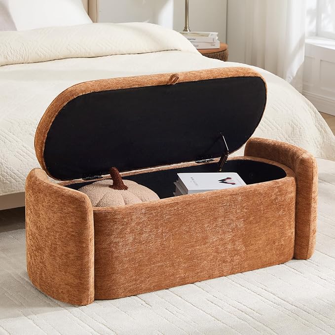 Oval Storage Ottoman Bench, 45" Upholstered Chenille End of Bed Storage Bench, Foot Rest Ottoman with Storage, Bedroom Living Room and Hallway,Orange