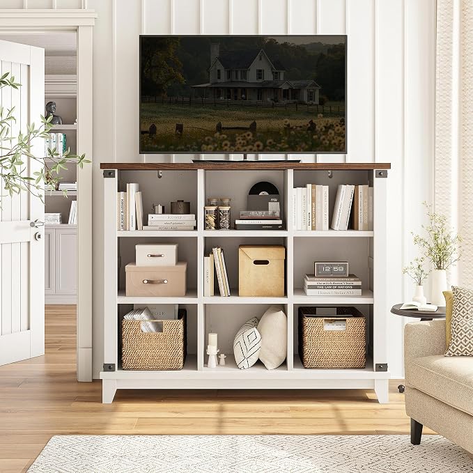 EnHomee Farmhouse 9-Cube Storage Organizer for Living Room, White | Home Organization Lovers, Wood & Metal, Holds 386 Lbs, Anti-Tip & Stabilizers