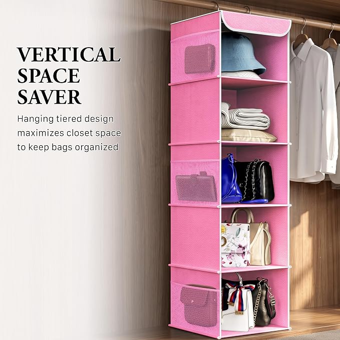 Simple Houseware 5 Shelf Hanging Closet Organizer, Pink | 360° Rotating Dual Hooks, Top Support Metal Frame, 6 Side Mesh Pockets