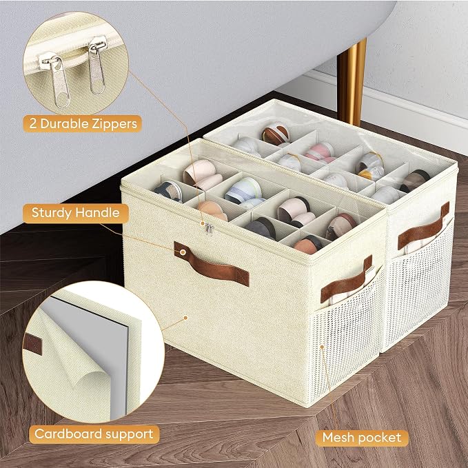 2 Pack Shoe Organizer for Closet, Foldable Shoe Storage with Adjustable | Farbic shoe storage organizer box bin with clear cover, fits up to 16 pairs, shoe storage box for closet, entryway, yellow