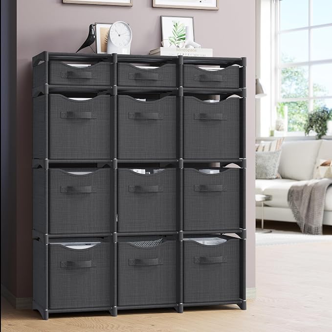 Cube Storage Organizer with Storage Bins Included - The Perfect Closet Organizers and Storage Solution. Includes 12 Storage Cubes, Great For Toy Storage, Closet Storage, Clothes Storage (Dark Grey)