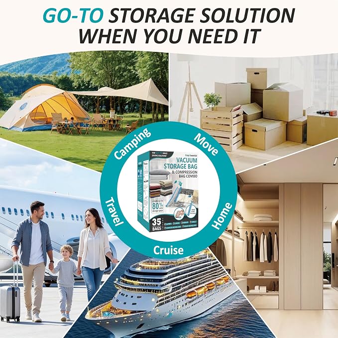 Cozy Essential Vacuum Storage Bags, 80% Compression Vacuum Seal Space Saver Plastic Packaging Bags for Clothes, Blankets, Pillow, Bedding, Comforters, Sealer Clothing Storage,35 Combo