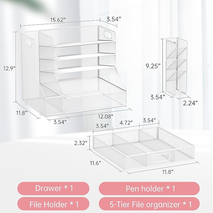 Desk Organizer with 5 Tier File Holder and Sliding Drawer Pen Holder White | Paper Letter Tray with 3 Tilted File Sorters to Keep Desk Accessories and Office Supplies within Reach