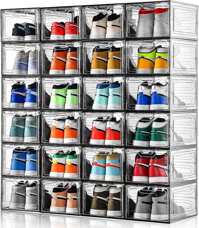 Stebopum 12 Pack Shoe Boxes Shoes Organizer, Shoe Storage Organizer Boxes with Magnetic Door, Clear Shoe Organizers Sneaker Storage Shoe Box for Women/Men, Fit up to US Size 12