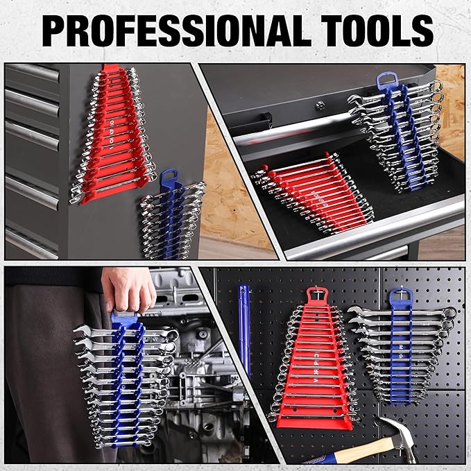 WORKPRO 4-Pack Magnetic Wrench Organizer,15-Slot and 12-Slot Gripper Holder | for Tool Boxes, Flexible Gripping Teeth and Carrying Handle, Fit for SAE and Metric, Blue, Red