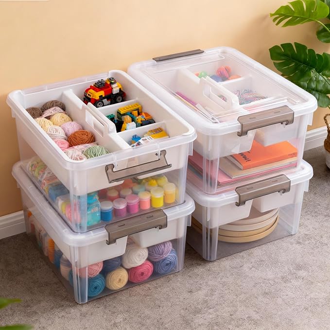 Citylife 17 QT Clear Craft Organizers and Storage Box with Handled Tray | Stackable Art Supply Organizer Storage Bins with Lids for Craft, Beads, Markers, Sewing, Tools, Playdoh, Coloring Books,