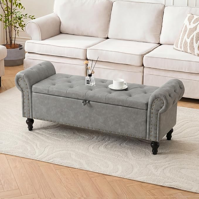 51" Storage Bench for Bedroom, Upholstered Ottoman Bench, Leather LightGray | End of Bed Bench for Bedroom, Window Benches for Living Room, Entryway, Ottoman with Large Storage Space, Pet Friendly
