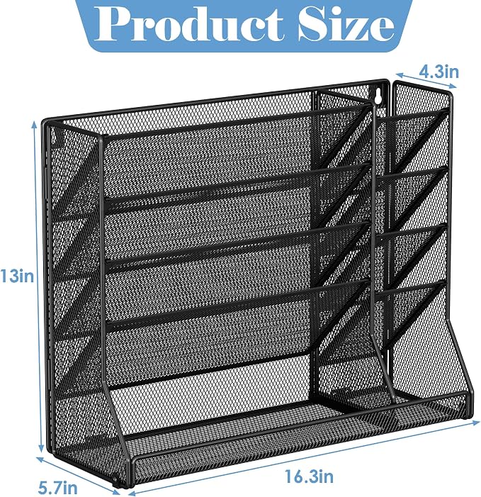 Jakyitvi Adjustable 5 Tiers Wall File Organizer Metal Hanging Holder Black | 5 tiers desk paper organizer, folder holder wall mount, mail organizer for home office, hanging document tray