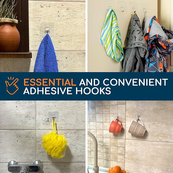 Adhesive Wall Hooks for Hanging, Heavy Duty No Drill, 22 lbs, 12 Pack | GLUIT Adhesive Wall Hooks for Hanging, Transparent Waterproof Sticky Towel Hook for Bathroom Kitchen Home Outdoor