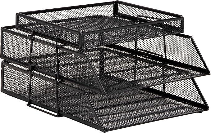 Mind Reader 2 Tier Paper Tray with Top Supply Compartment, Desktop File Organizer, Metal Mesh, Black