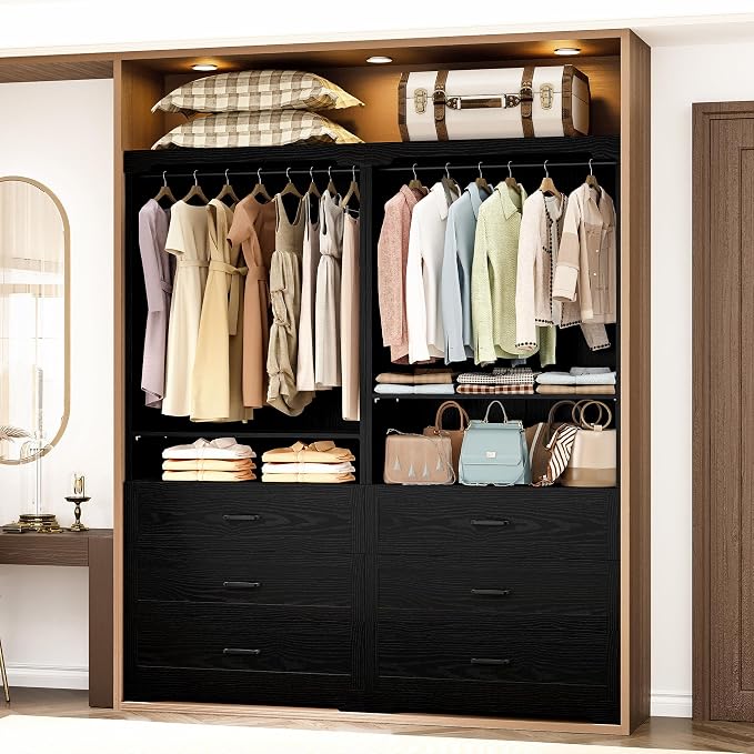 IRONCK Freestanding Closet System with Adjustable Shelves & 3 Drawers | Modern armoire wardrobe with adjustable shelves & hanging rod, walk-in closet organizer for small spaces, space-saving design