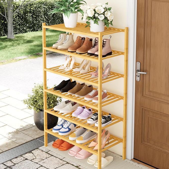 Smiry Bamboo Shoe Rack, 14 Vertical Slats, 6 Tier - 26.8" Wide, Natural | Stackable Free Standing Wooden Shoe Organizer, Wood Shoe Storage Shelf for Closet, Entryway, Thicher Leg