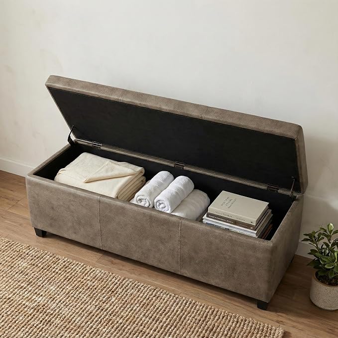 SIMPLIHOME Avalon Storage Ottoman Bench - 48" Wide x 16" High Upholstered Vegan Leather Rectangular Lift-Top Ottoman in Distressed Smoky Grey Brown, Transitional Storage Bench with High-Density Foam