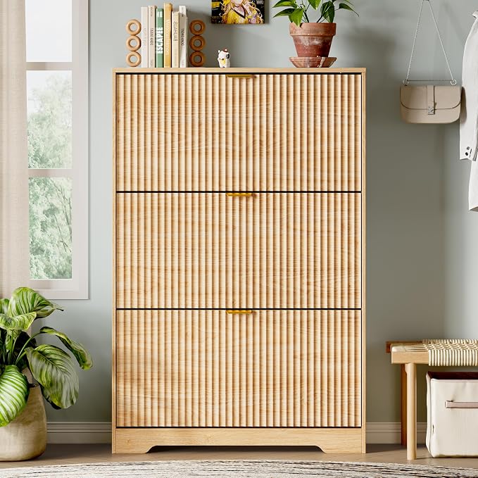 Xixini Shoe Storage Cabinet for Entryway with 3 Flip Drawers, Hidden Slim Wood Shoe Organizer with Modern Fluted Panel, Freestanding Narrow Shoe Rack for Front Door Entrance, Hallway, Foyer, Oak