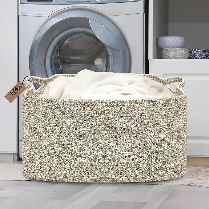 COMFY-HOMI Large Rectangular Blanket, Cotton Rope Woven for Storage, LaundryHamper, Storage,Toy Organizing Bin with Handle, Organizer and Storage-22x15x12-
