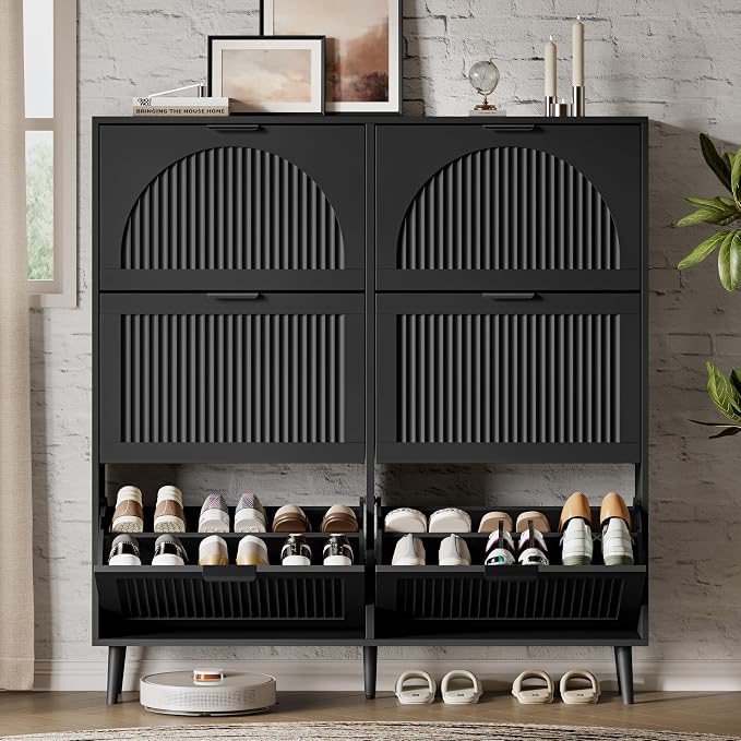 Xixini Shoe Storage Cabinet with 6 Flip Drawers, 50" Tall Narrow Wood Fluted Shoe Organizer for Entryway, Freestanding Wooden Hidden Slim Shoe Rack for Front Door Entrance, Hallway, Foyer, Solid Black