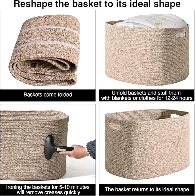 ICERZCZ Large Storage Basket for Organizing, Blanket Basket for Living Room, Large Toy Baskets for Storage, Woven Cotton Rope Baskets for Blankets, Clothes, Shoes, Brown, 25”x16”x16” (105L)