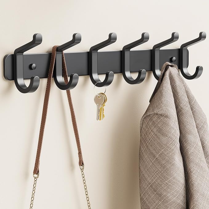 pickpiff Coat Rack Wall Mounted Heavy-Duty: Metal Coat Hanger 6 Hooks for Hanging Hat, Clothes, Robe, Keys, Backpack, Bathroom Towels, Jacket, Purse - Closet, Door, Entryway, Mudroom (Black, 2 Pack)