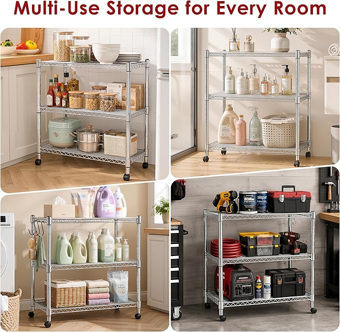 Simple Deluxe 3-Tier Storage Shelves, 750 Lbs Loading Capacity, 24.02" W x 13.78" D x 21.97" H Shelving Unit for Garage, Pantry and Kitchen, Chrome