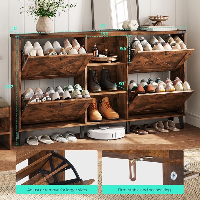 LINSY 63" Farmhouse Shoe Storage Cabinet Brown | Tall Flip-Drawer Shoe Rack for Entryway, Adjustable Shelves for Boots, Heels & Sneakers Wood Finish with Sturdy Metal Legs