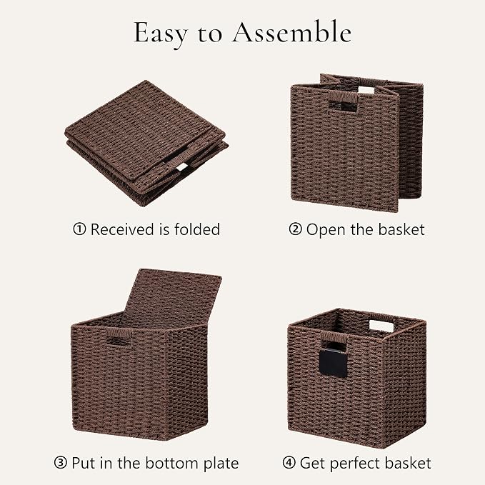 UBBCARE 2 Pack Wicker Basket, 10.5×10.5 Storage Cubes with Label, Foldable Cube Storage Bin with Handle, Square Storage Basket for Shelves, Woven Paper Rope Basket for Organizing, Brown