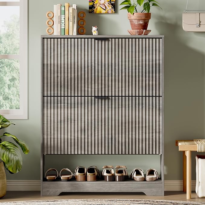Xixini Shoe Storage Cabinet for Entryway with 2 Flip Drawers, Hidden Slim Wood Shoe Organizer with Modern Fluted Panel, Freestanding Narrow Shoe Rack for Front Door Entrance, Hallway, Foyer, Grey