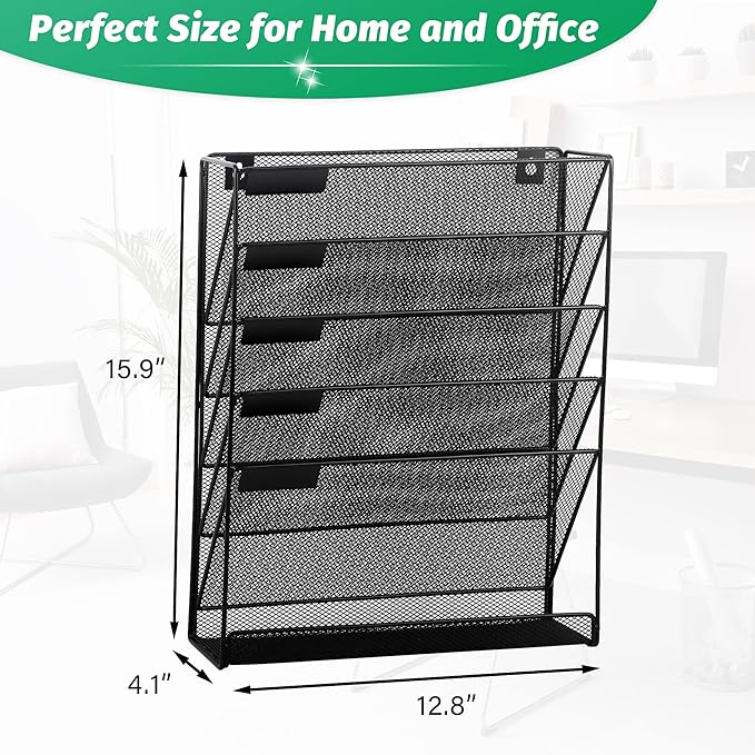 EASEPRES Desk File Organizer Mesh 6-Tier, Hanging Wall Mount Document Organization Stand, Desktop Vertical Mail Paper Folder Holder Rack with Bottom Tray for Office Home Cubicle Countertop, Black