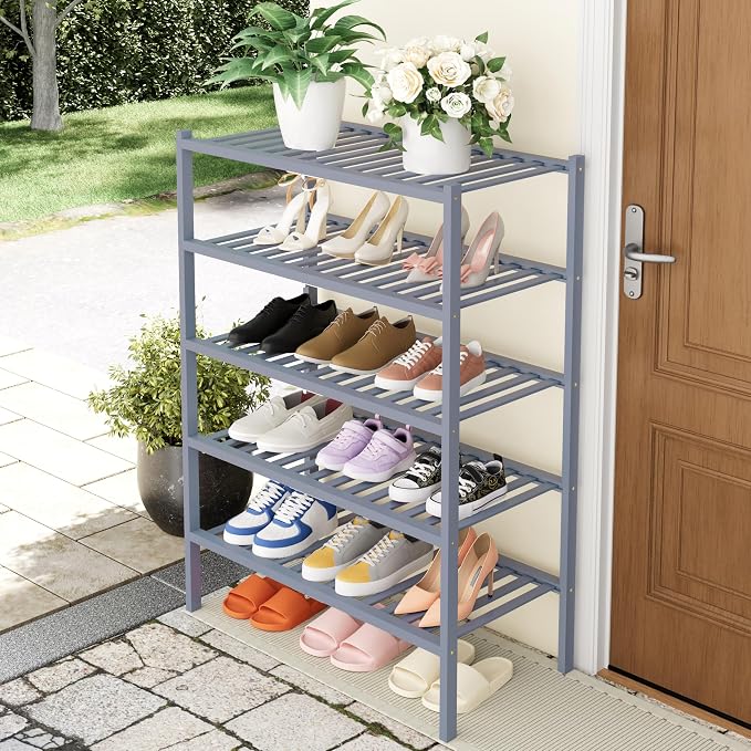 Smiry Bamboo Shoe Rack, 14 Vertical Slats, 5 Tier - 26.8" Wide, Grey | Stackable Free Standing Wooden Shoe Organizer, Wood Shoe Storage Shelf for Closet, Entryway, Thicher Leg