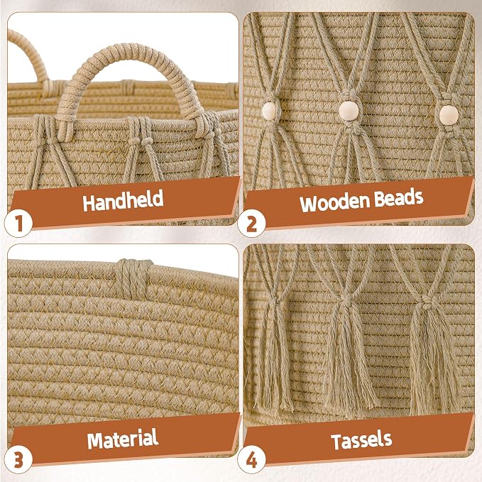 Blanket Basket for Living Room Decor Storage Basket for Toy Organizer Boho Decor Baskets for Modern Farmhouse Decor Small Laundry Basket for Bedroom and Laundry Room Organization,Beige