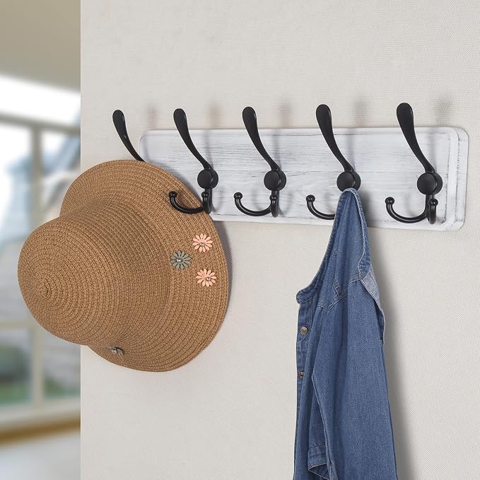 Coat Rack Wall Mounted - 5 Tri Hooks, Heavy Duty, Wooden Wall Coat Hanger Coat Hook for Clothes Hat Jacket Clothing, White & Black, Pack of 2