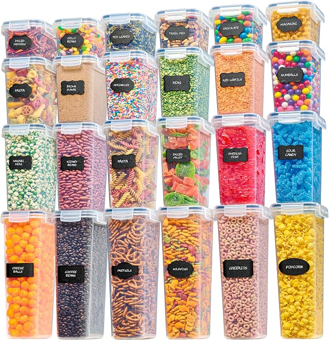Oizeir Airtight Food Storage Containers with Lids 24-Pack, Pantry Kitchen | 24-Pack BPA-Free Airtight Plastic Food Containers, Snap Lids for Pantry Kitchen, Flour Sugar Rice Cereal Pasta, Clear
