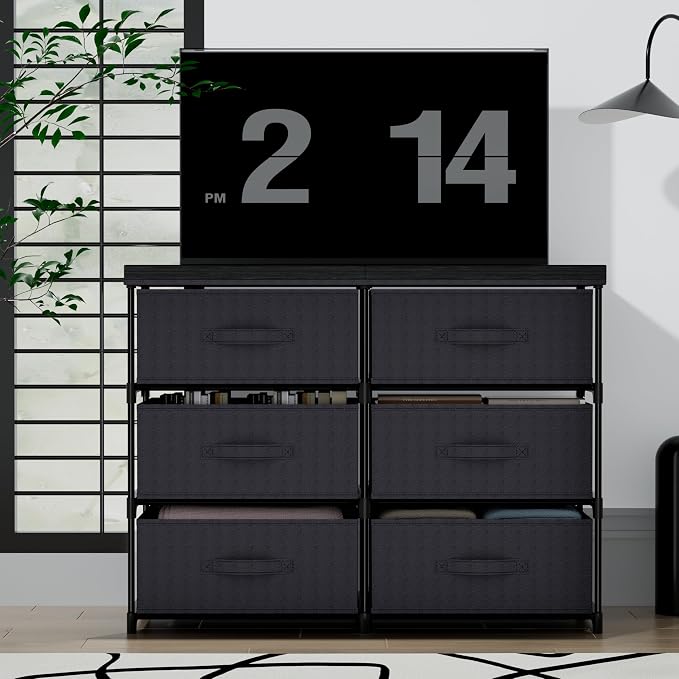 GcdPai Dresser with 6 Fabric Drawer(16cm Height) Leather Desktop Sturdy Metal Plastic Support Tube Cube Storage Cabinet for Bedroom Organization Dorm Front Hall Entryway