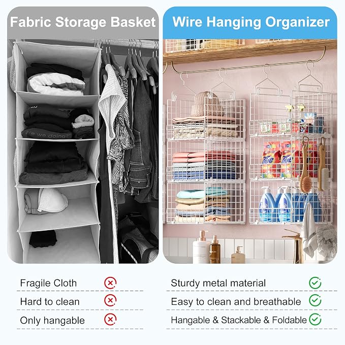 Sonyabecca 3-Tier Hanging Closet Organizer with 5 S Hooks, Closet Shelves for Clothes, Shoes, Handbags, Accessories, Hanging Basket, Closet Storage, Closet System, Closet Organizers and Storage