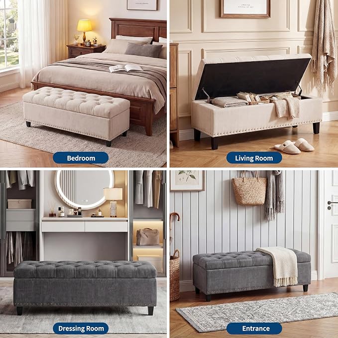 51" Extra Large Storage Ottoman Bench, Supports 660lbs End of Bed Storage Bench with Button-Tufted Upholstery and Safety Close Hinge, Upholstered Bench for Living Room, Bedroom, Entryway - Grey