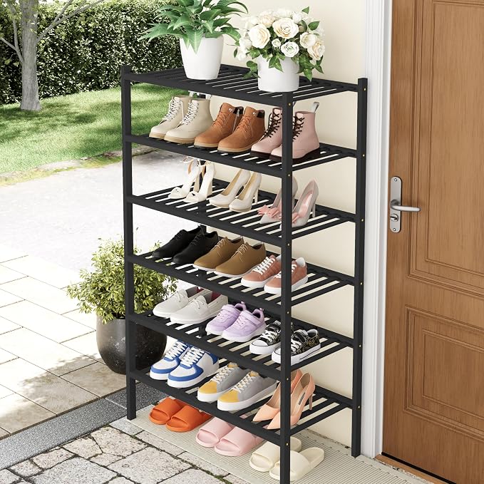 Smiry Bamboo Shoe Rack, 14 Vertical Slats, 6 Tier - 26.8" Wide, Black | Stackable Free Standing Wooden Shoe Organizer, Wood Shoe Storage Shelf for Closet, Entryway, Thicher Leg