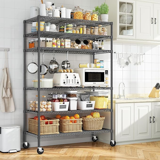 Romorgniz Storage Shelves with Wheels, 6 Tier Wire Shelving Adjustable Metal Shelving Pantry Shelves Capacity 1200LBS for Garage, Pantry, Kitchen, Office,82" H X45 W X18 D,Black,4P