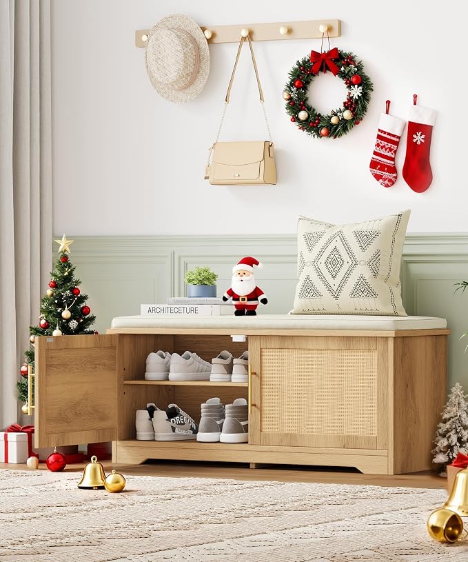 Rattan Shoe Storage Bench, 39.4" Wide Entryway Bench, Natural Oak | Hidden Shoe Organizer Cabinet with Cushion, Shoe Rack Bench with Adjustable Shelves, for Hallway Living Room, Natural Oak