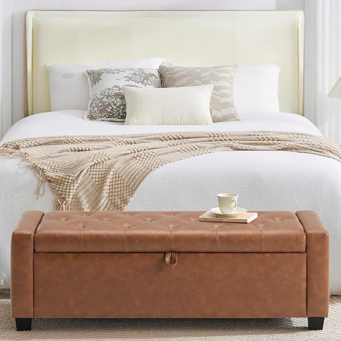 Huatean Home 48" Ottoman with Storage, Brown Storage Ottoman Bench | Upholstered Entryway Bench with Seating for Bedroom, Living Room with Safety Hinge, Holds up to 330 lb