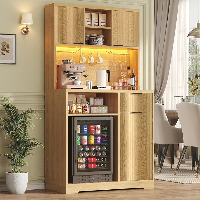 kepptory 72" Mini Fridge Cabinet with Storage, Coffee Bar Cabinet with Mini Fridge, Tall Coffee Bar Station with RGB LED Light, Wine Glass Holder, for Home Kitchen Living Room, Retro