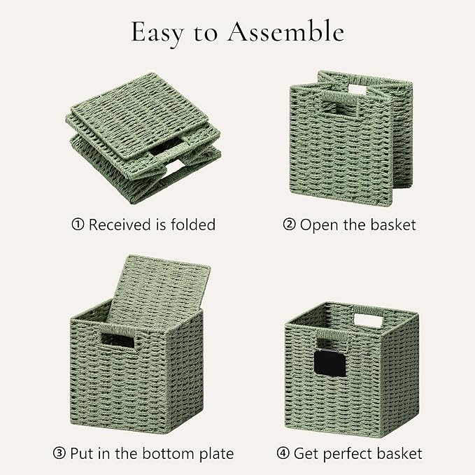 UBBCARE 2 Pack Wicker Basket, 10.5×10.5 Storage Cubes with Label, Foldable Cube Storage Bin with Handle, Square Storage Basket for Shelves, Woven Paper Rope Basket for Organizing, Green
