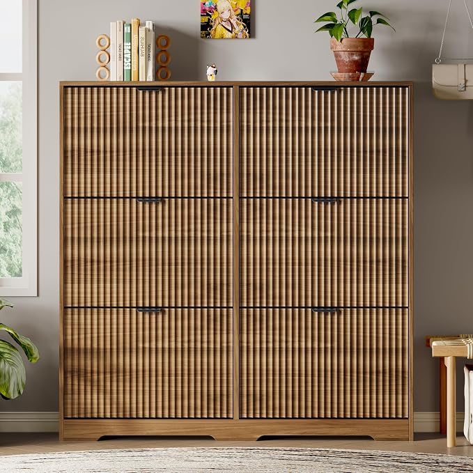 Xixini Shoe Storage Cabinet for Entryway with 6 Flip Drawers, Hidden Slim Wood Shoe Organizer with Modern Fluted Panel, Freestanding Narrow Shoe Rack for Front Door Entrance, Hallway, Foyer, Walnut