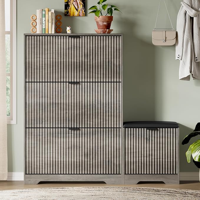 Xixini Shoe Storage Cabinet for Entryway with 3 Flip Drawers & Bench, Slim Wood Shoe Organizer with Modern Fluted Panel, Freestanding Narrow Shoe Rack for Front Door Entrance, Hallway, Foyer, Grey