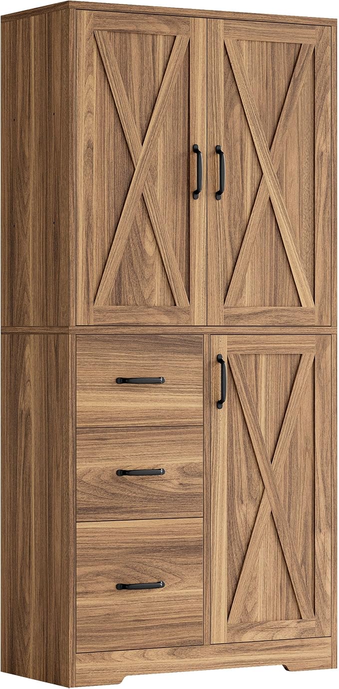IRONCK Pantry Cabinet, Storage Cabinet with 3 Door & Drawer, Oak Brown | Adjustable Shelf. 67.5inch Tall. 5 Tier Freestanding. 150 lbs Per Shelf. Farmhouse Style. FSC-certified Wood. Anti-tip.