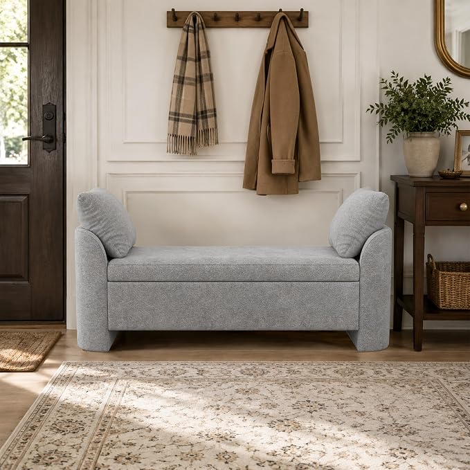 Usaint 58.3" Upholstered Storage Ottoman Bench with 2 Throw Pillows, Grey | End of Bed Bench with Curved Arms and Thickened Seat Cushion for Bedroom, Livingroom, Window, Entryway and Dressing Areas