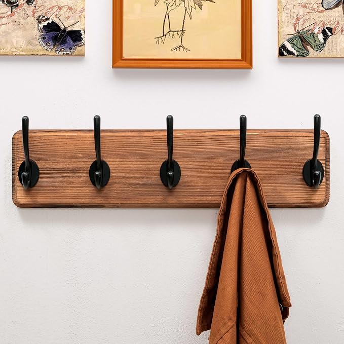 Wall Mounted Coat Rack: Patented, Heavy-Duty, 17.4" Long 5-Double-Hooks Wooden Hanger Rail for Winter Coats, Hat, Jacket, Clothing - Natural & Black, Pack of 2