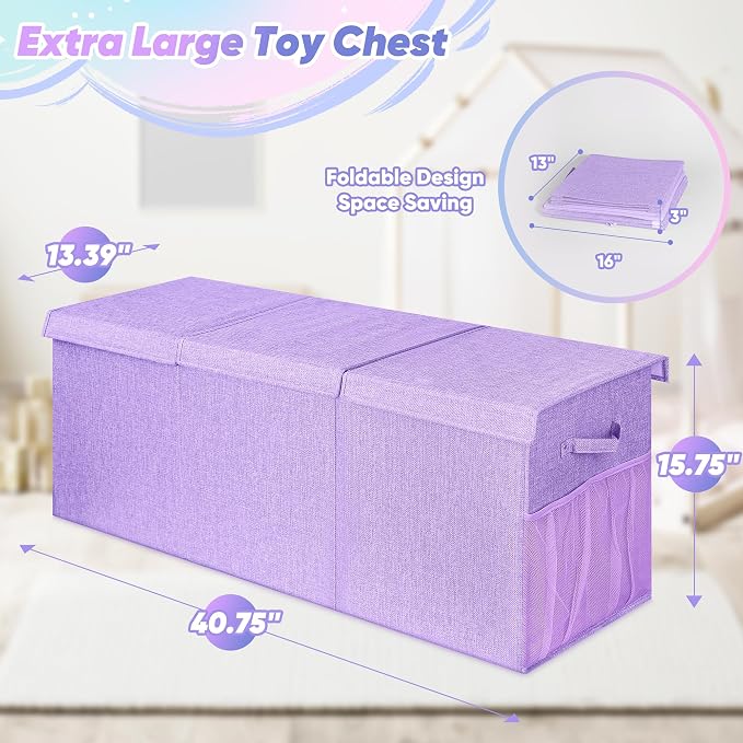 Extra Large Toy Box, Collapsible Toy Storage Organizer, 40"x16"x16", Purple | Sturdy Kids Toys Bin Chest with 2 Pockets and Dividers for Boys Girls, Dust-Proof, Nursery Bedroom Organization