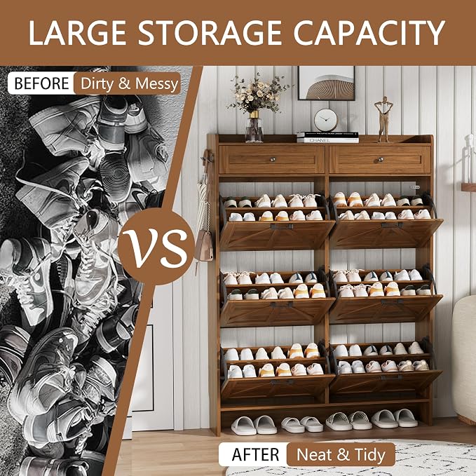Shoe Cabinet with 6 Flip Drawers & 2 Top Drawers, 57" Tall Freestanding Narrow Wooden Shoe Storage Organizer for Entryway, Hidden Slim Shoe Rack for Front Door Entrance, Hallway, Living Room, Walnut