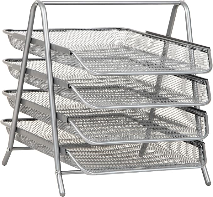 Mind Reader 4-Tier Paper Tray, Desktop Organizer, File Storage, Office, Metal Mesh, 12"L x 13.75"W x 12.5"H, Silver